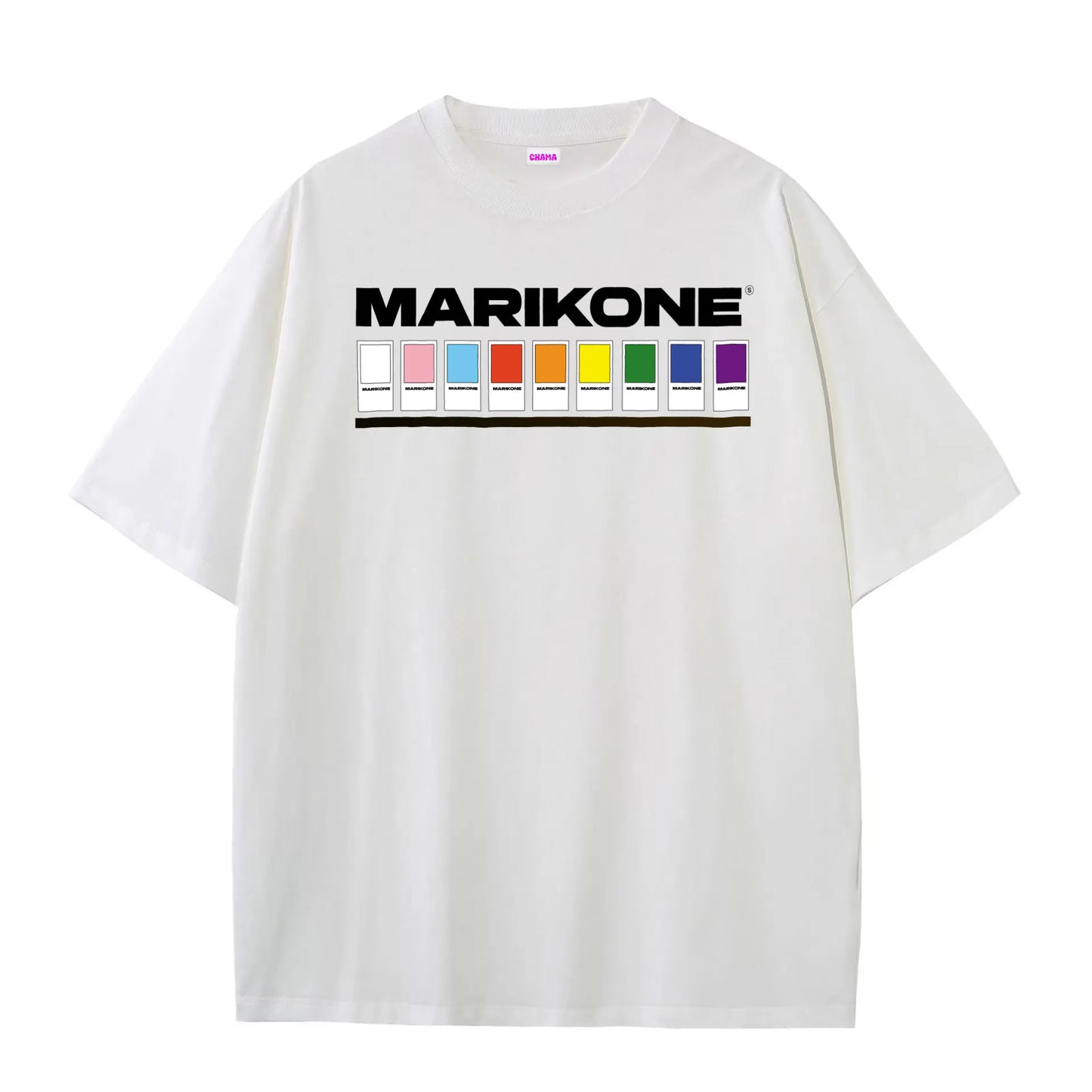 Camiseta blanca con catálogo de colores al estilo pantone que hacen la bandera trans y LGTBIQ+ para la celebración del orgullo gay o pride y que dice MARIKONE