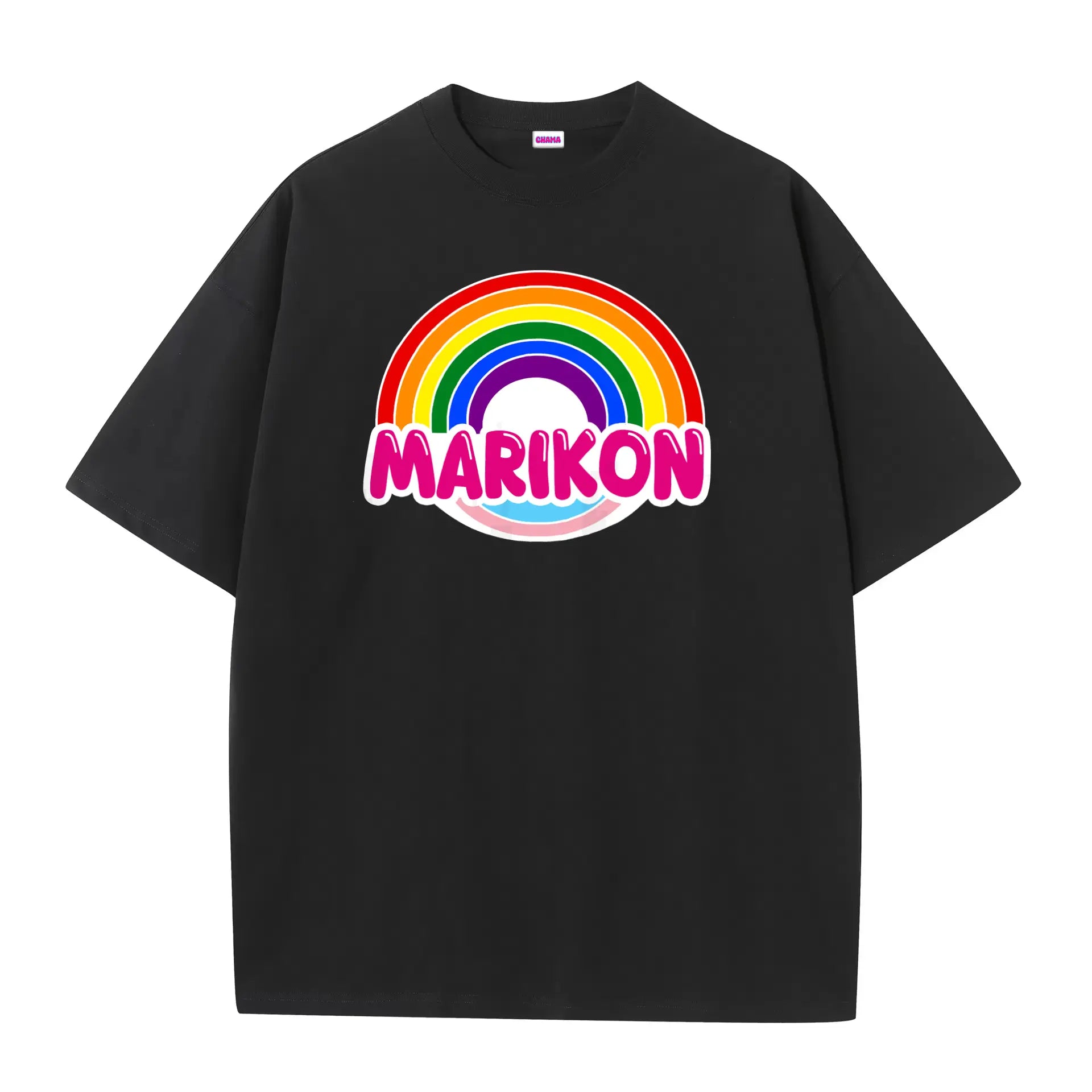Camiseta MARIKON, negra con arcoíris y colores de bandera trans. Camiseta del orgullo gay, LGTB, Queer y trans.