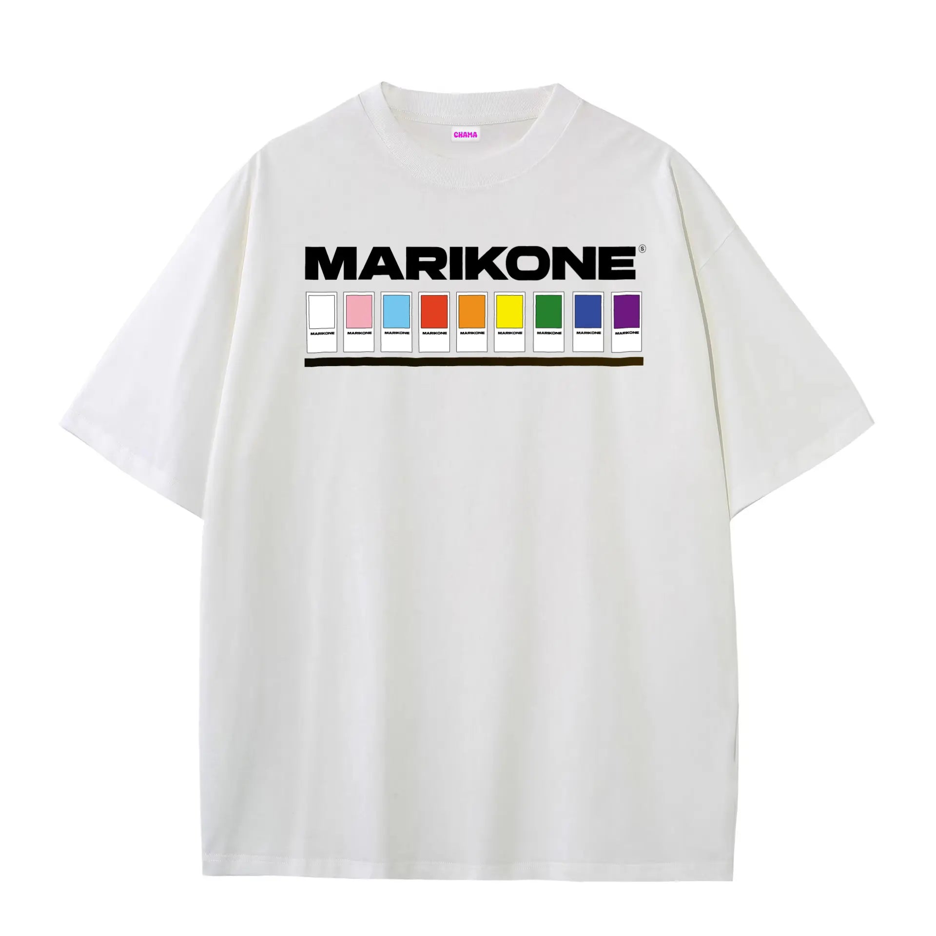 Camiseta blanca con catálogo de colores al estilo pantone que hacen la bandera trans y LGTBIQ+ para la celebración del orgullo gay o pride y que dice MARIKONE