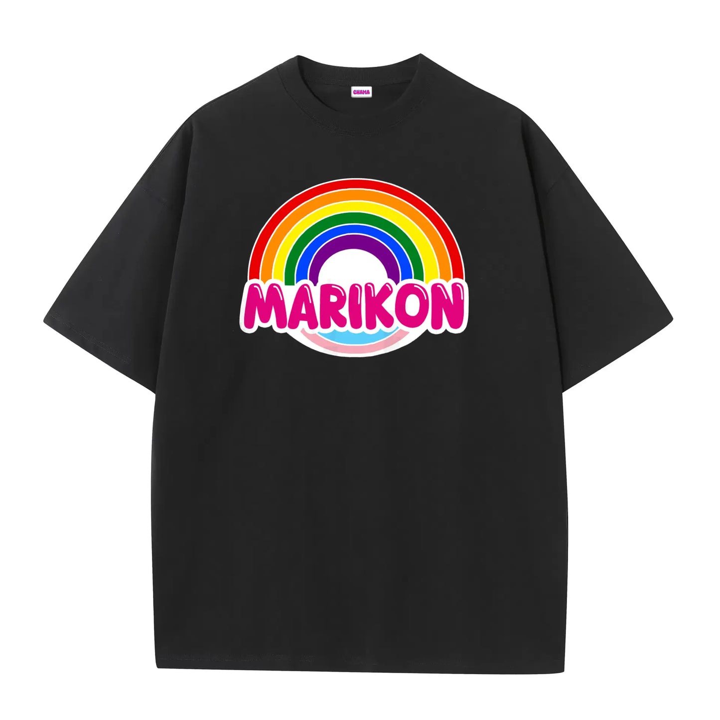 Camiseta MARIKON, negra con arcoíris y colores de bandera trans. Camiseta del orgullo gay, LGTB, Queer y trans.